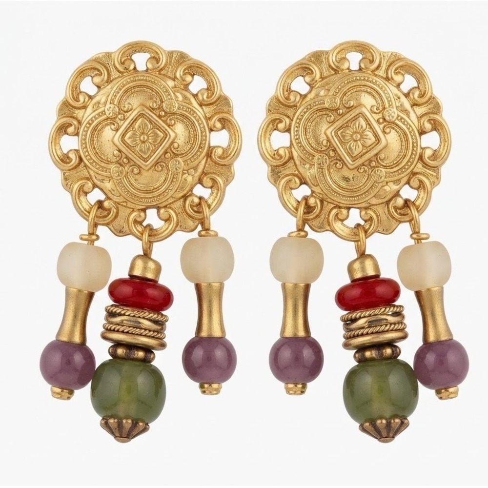 Vintage Style Gold Tone Filigree Multi Color Beaded Drop Dangle Post Earrings‎